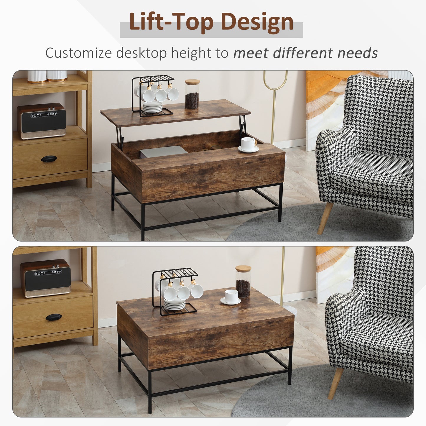 Table centrale relevable pour salon, marron rustique