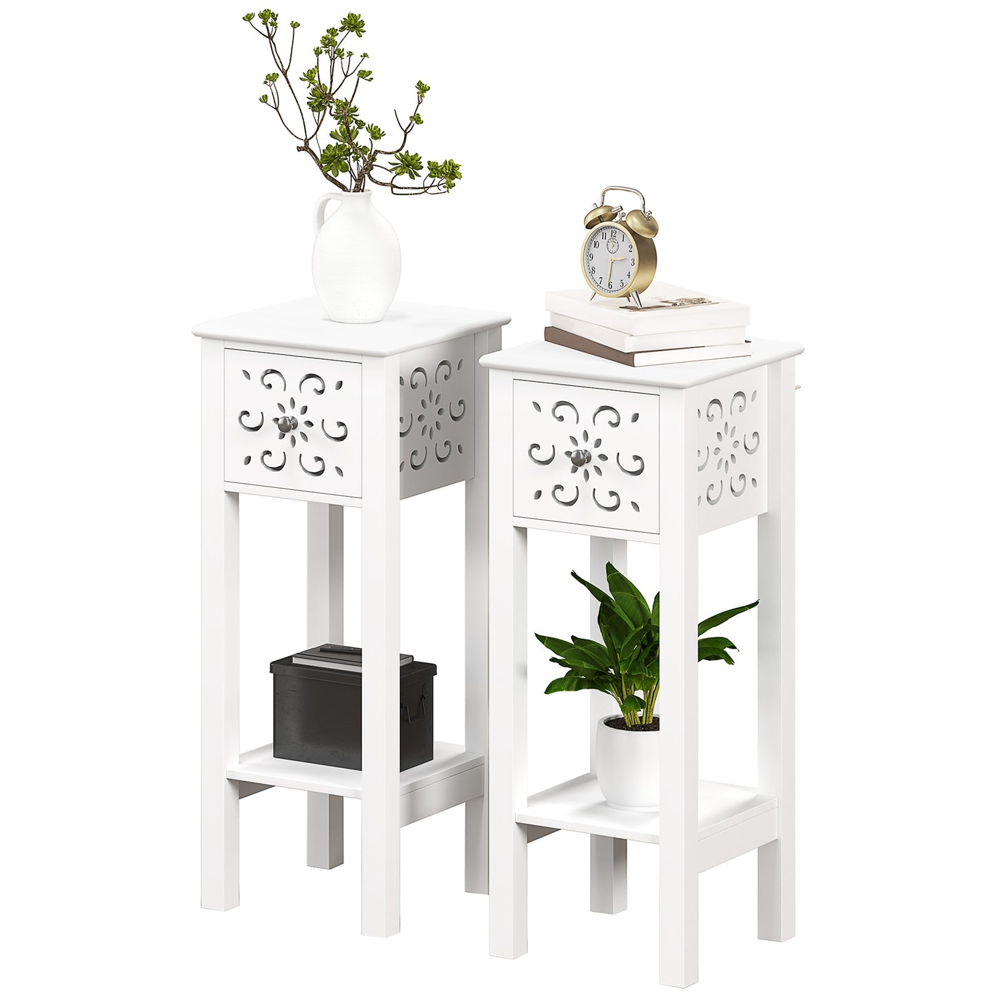 Ensemble de 2 tables de chevet avec tiroir et étagère de rangement ouverte, blanc