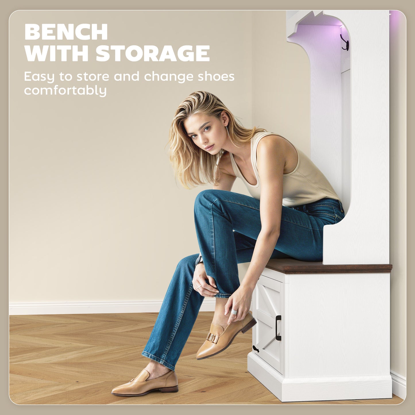 Meuble d'entrée 3 en 1 avec éclairage LED et banc, porte-manteau et rangement pour chaussures, grain de bois blanc