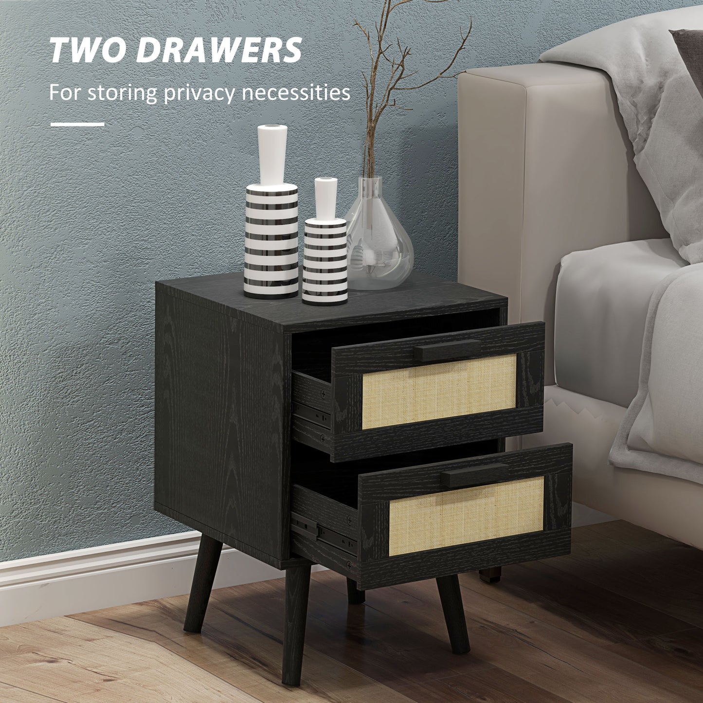 Set of 2 bohemian bedside tables with 2 drawers, black