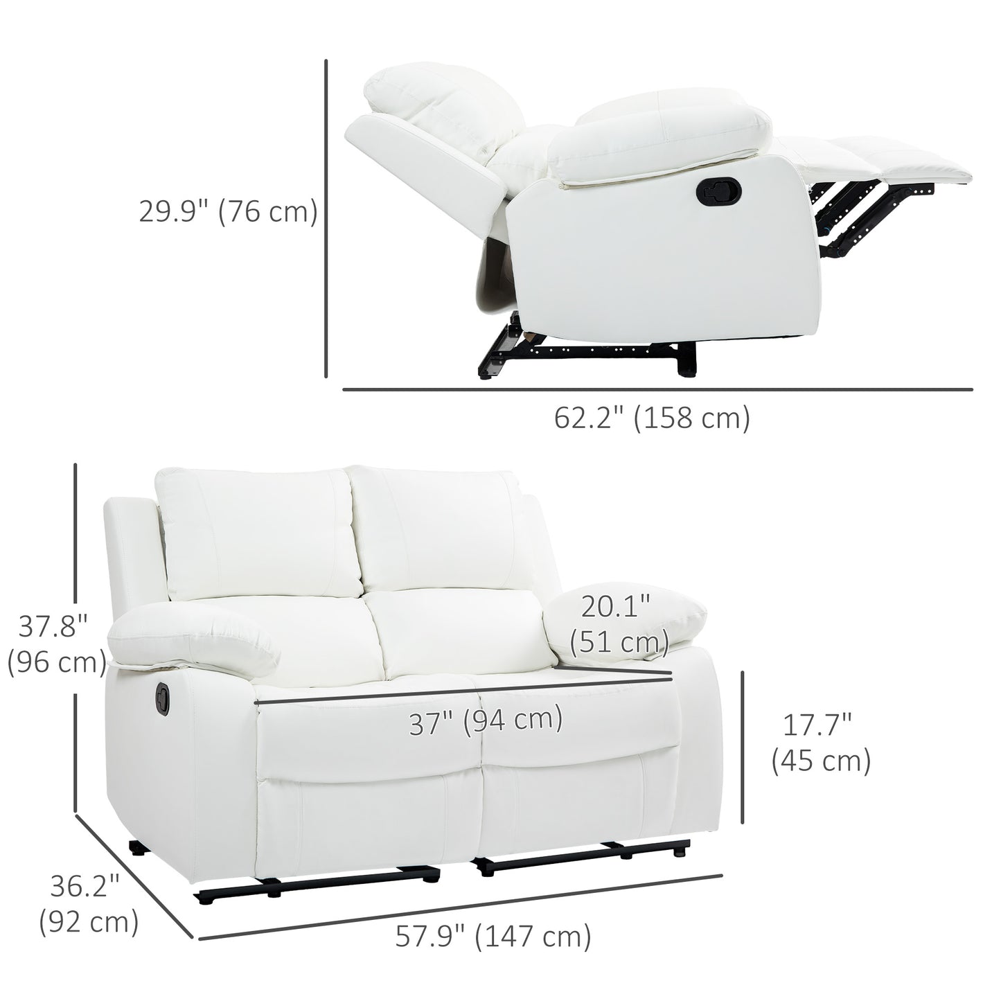 Manual Reclining Sofa Faux Leather Sofa with Retractable Footrest for Living Room, White