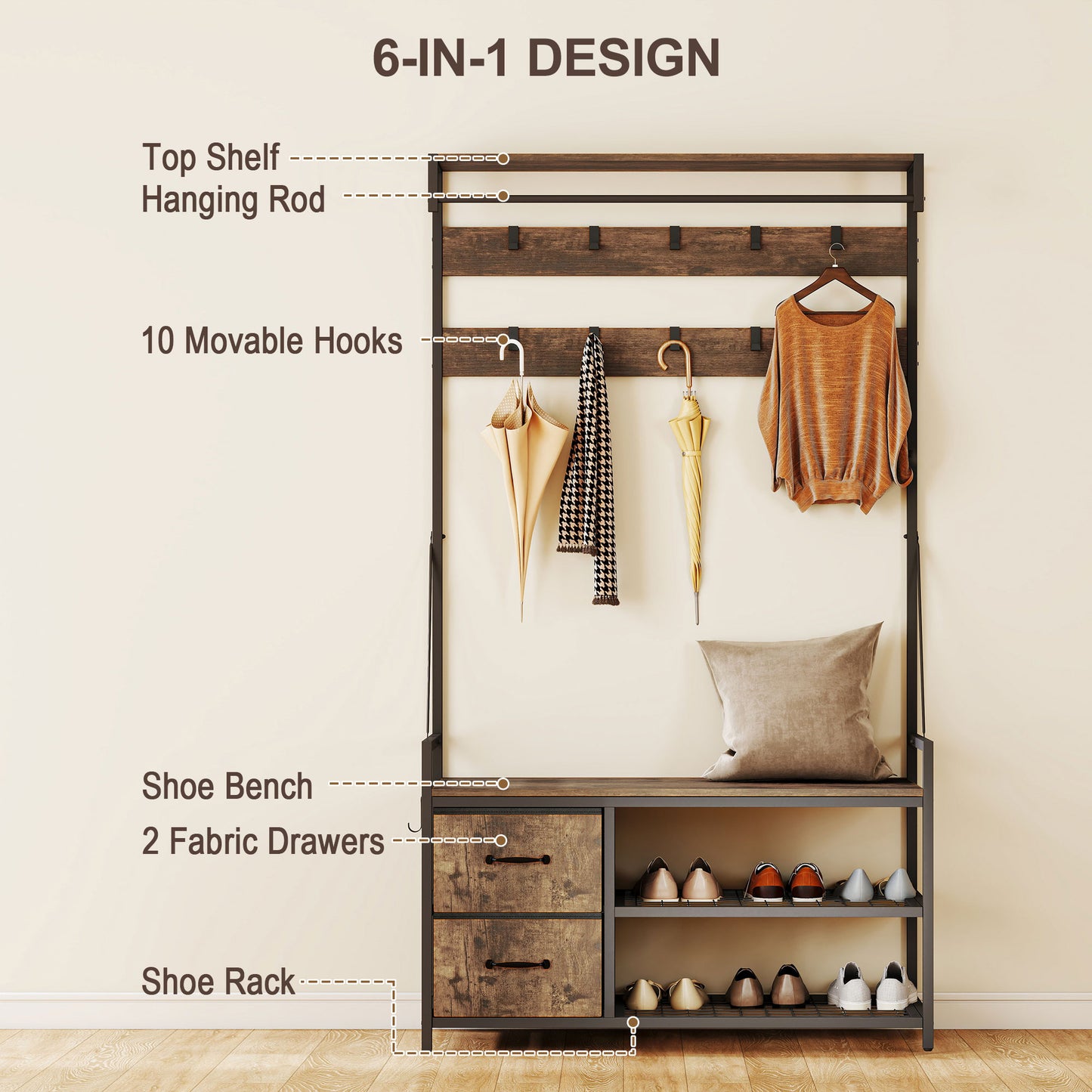 Meuble d'entrée 6 en 1 avec banc et rangement à chaussures, marron rustique