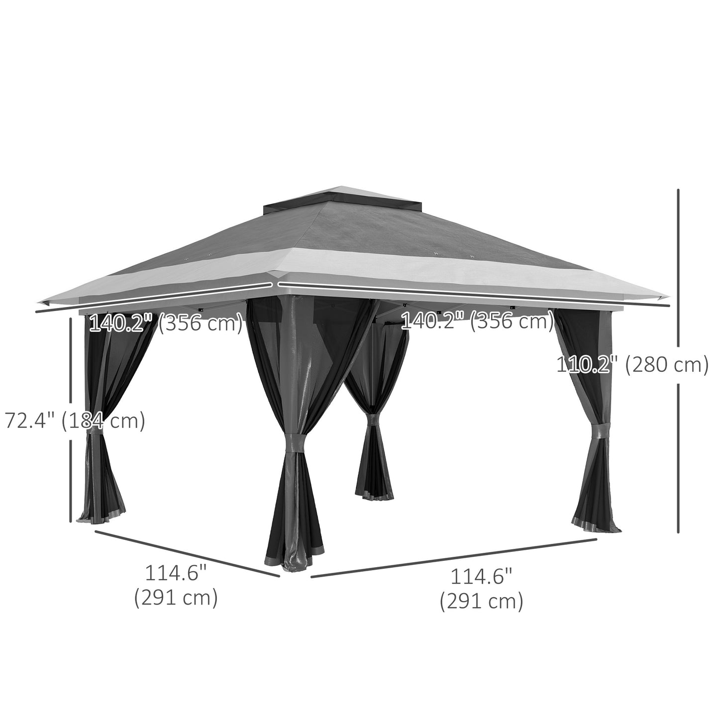 Gazebo 11,7' x 11,7' avec filet, abri solaire instantané UPF50+ avec sac de transport à roulettes et sacs de sable