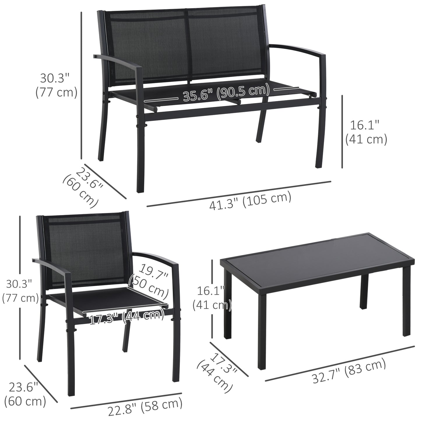 Outsunny 4 Piece Garden Furniture Set with Glass Coffee Table, Breathable Mesh Seat and Backrest for Garden and Balcony, Black