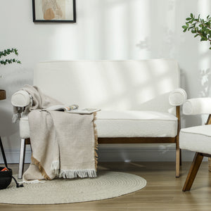 Canapé 2 places en tissu Boucle avec rembourrage épais et pieds en bois, blanc crème