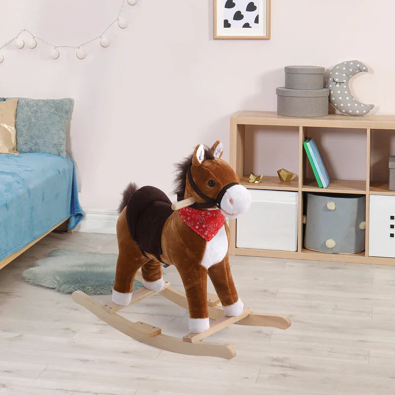 Cheval à bascule en bois pour enfant, jouet classique favorisant l’équilibre et le jeu imaginatif.