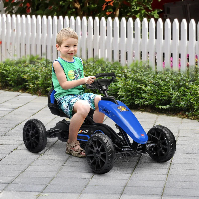 Kart à pédales pour enfant avec siège ajustable et pneus larges, parfait pour les courses en plein air.