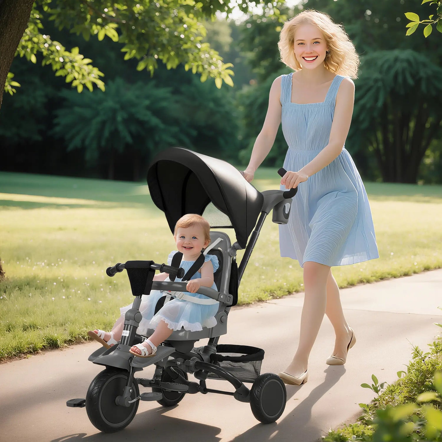 Tricycle pour enfant avec siège confortable et poignée de poussée parentale, idéal pour les promenades sécurisées.