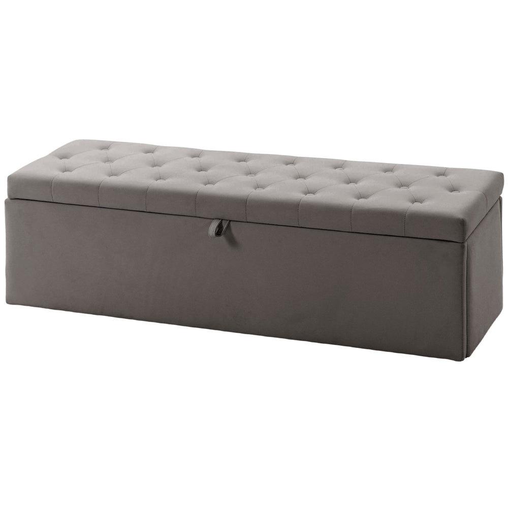 Banc ottoman avec rangement de 141 L, assise capitonnée en velours et couvercle relevable – Gris