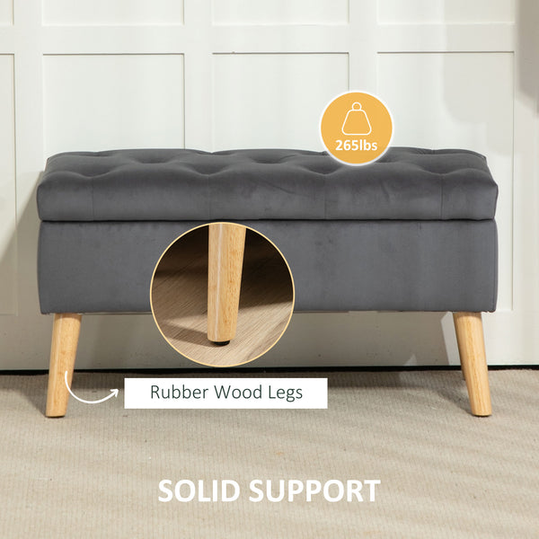 Pouf de rangement avec couvercle rembourré en velours et pieds en bois, gris anthracite