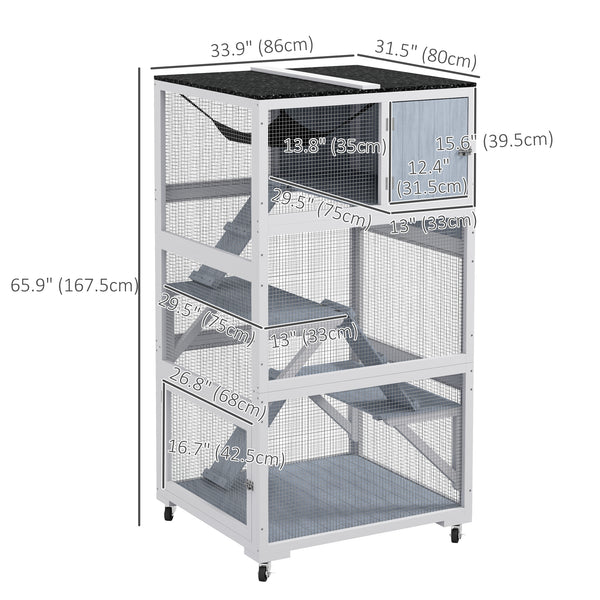 Enclos pour chats sur roulettes avec hamac et plusieurs plateformes de repos, gris