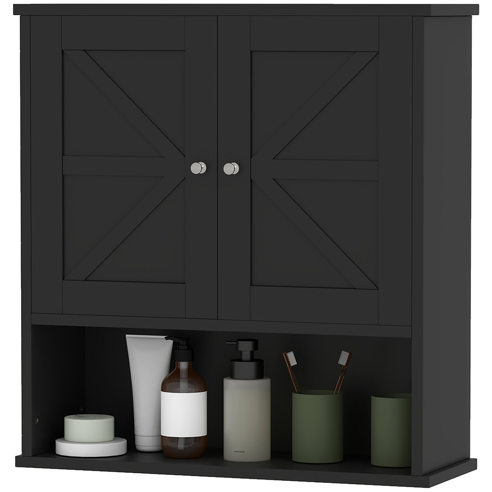 Armoire à pharmacie de salle de bain avec portes de grange et étagère réglable, noire