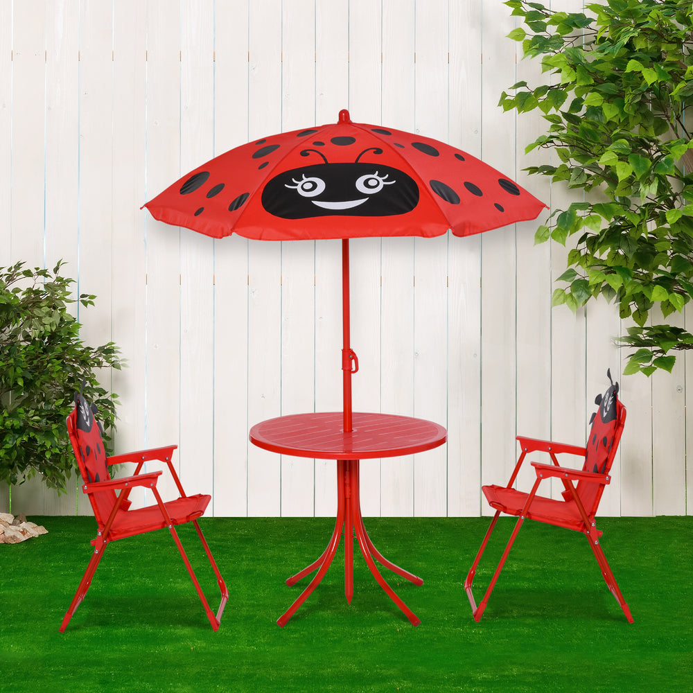 Kids Folding Picnic Table and Chair Set Pattern Outdoor Garden Patio Backyard with Removable & Height Adjustable Sun Umbrella Red