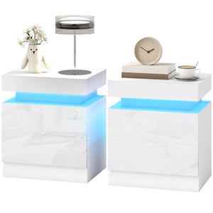 Ensemble de 2 tables de chevet avec éclairage DEL RGB, contrôle Bluetooth et 2 tiroirs – Blanc