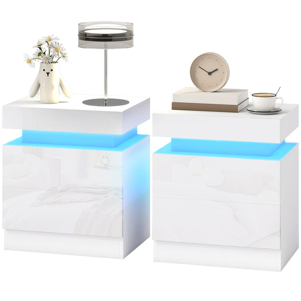 Ensemble de 2 tables de chevet avec éclairage DEL RGB, contrôle Bluetooth et 2 tiroirs – Blanc