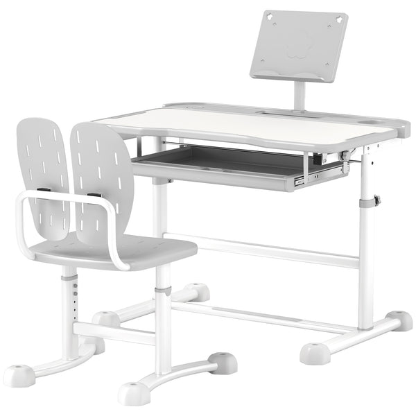 Height-adjustable desk and chair set with tilting top, gray