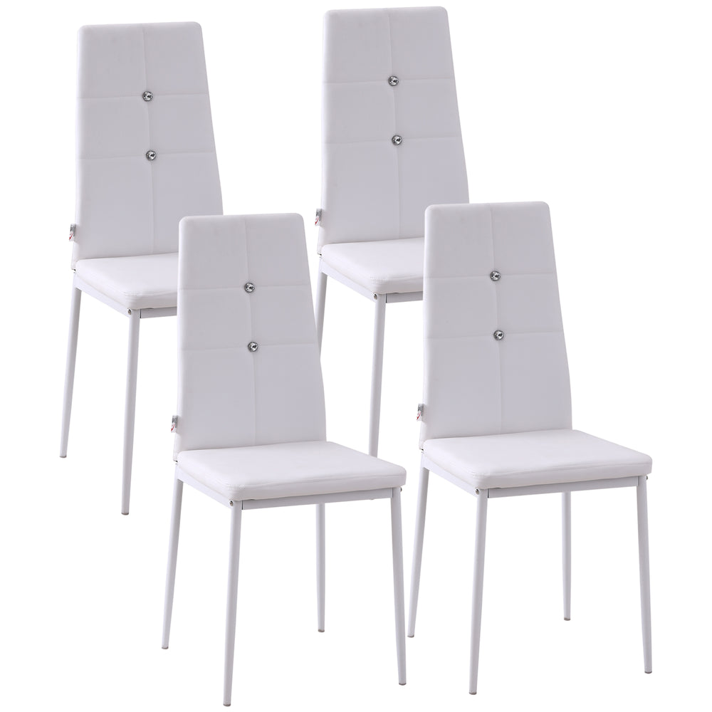 Set of 4 white high-back upholstered chairs with padded seats