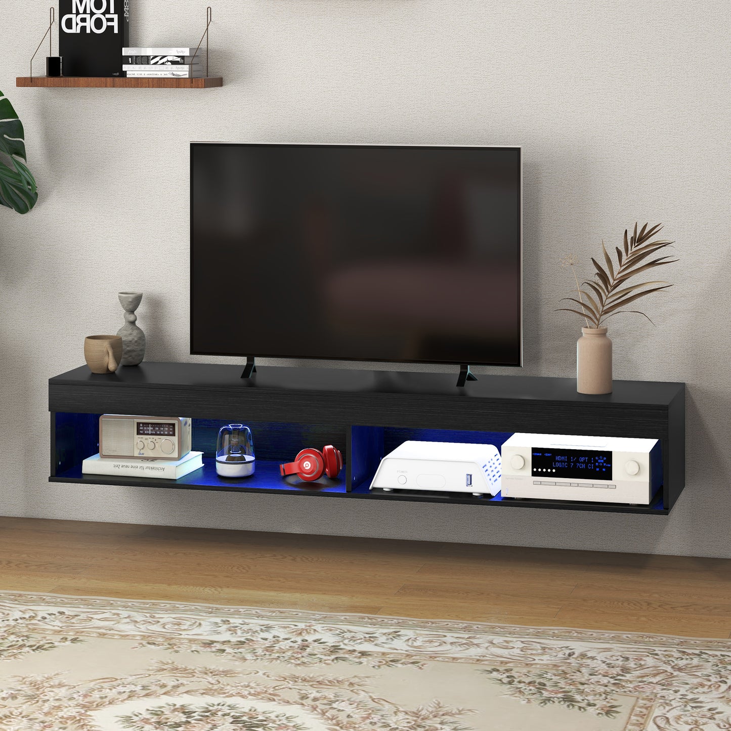 HOMCOM Modern Wall Mounted TV Stand with Storage and LED Lighting for TVs up to 75 inches, Floating TV Shelf for Living Room, Black