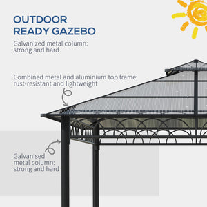 Gazebo 9' x 10' avec toit rigide double PC, structure en acier, filets et rideaux pour terrasse de jardin, kaki