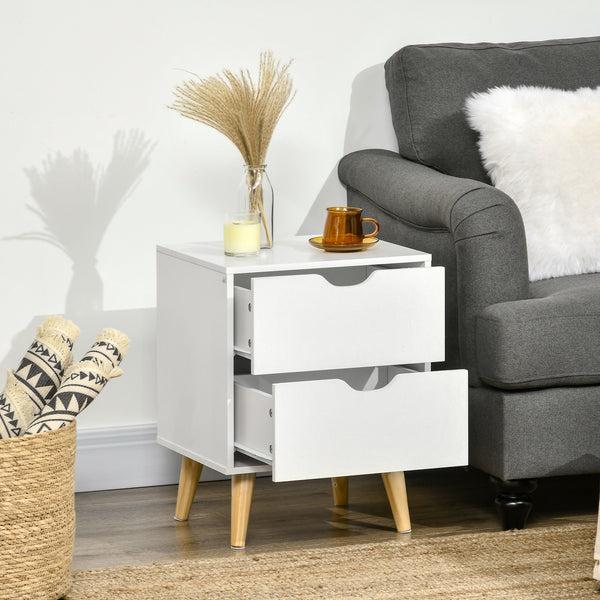 Table de chevet moderne avec 2 tiroirs et pieds en pin, blanche