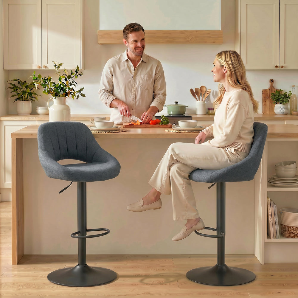 Swivel Bar Stools Set of 2, Linen Upholstered Counter Height Barstools with Round Metal Base