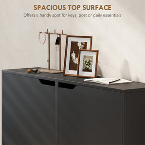 Narrow shoe cabinet for 16 pairs of shoes with 4 hinged drawers and adjustable shelves, black