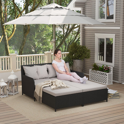 Outsunny Outdoor Rattan Sun Lounger Loveseat with Soft Cushions, 4 Pillows, Curved Backrest and Armrests, Light Grey