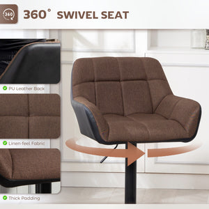 Set of 2 swivel bar stools with footrest, black and brown