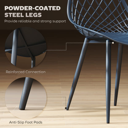 Lot de 4 chaises de salle à manger modernes en plastique avec dossier creux et pieds en métal, bleu
