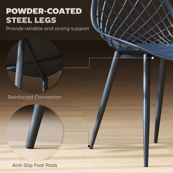 Lot de 4 chaises de salle à manger modernes en plastique avec dossier creux et pieds en métal, bleu