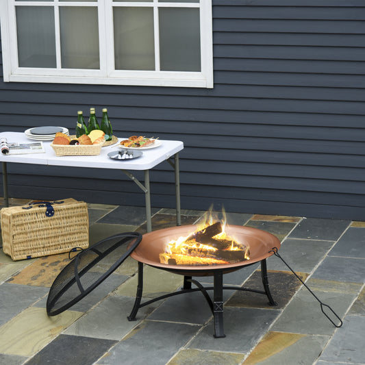 30" Round Outdoor Fire Pit with Lid, Log Grate and Poker for Backyard, Camping, Picnic, Bronze