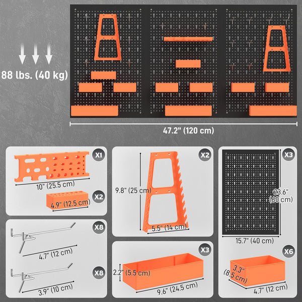 Organisateur mural d’outils avec 3 panneaux, 9 bacs, 5 supports et 16 crochets – Noir et orange