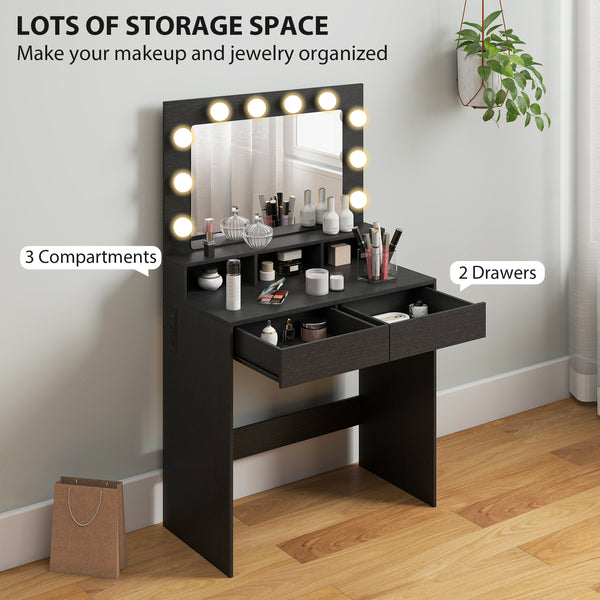 Coiffeuse avec miroir à éclairage LED, station de charge et tiroirs, noire