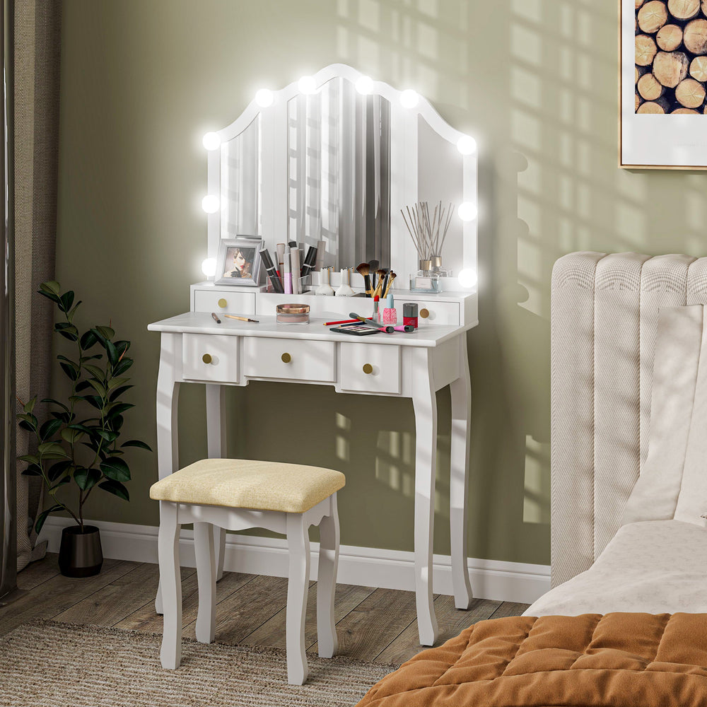 Coiffeuse avec tabouret, 10 lumières LED, 5 tiroirs et 3 compartiments, blanc