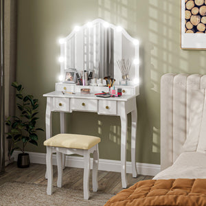 Coiffeuse avec tabouret, 10 lumières LED, 5 tiroirs et 3 compartiments, blanc