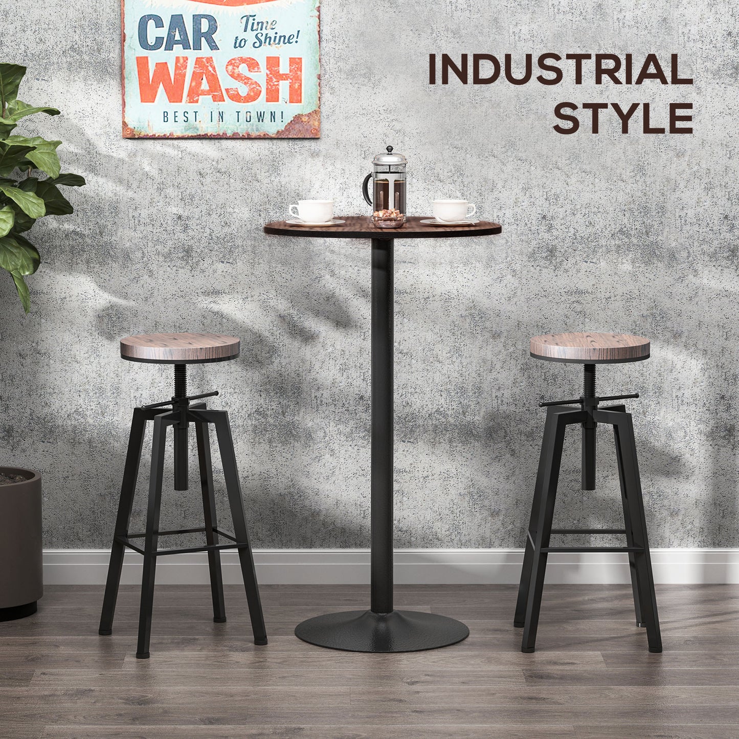 Table de bistrot haute industrielle avec base en métal et plateau en bois d'orme
