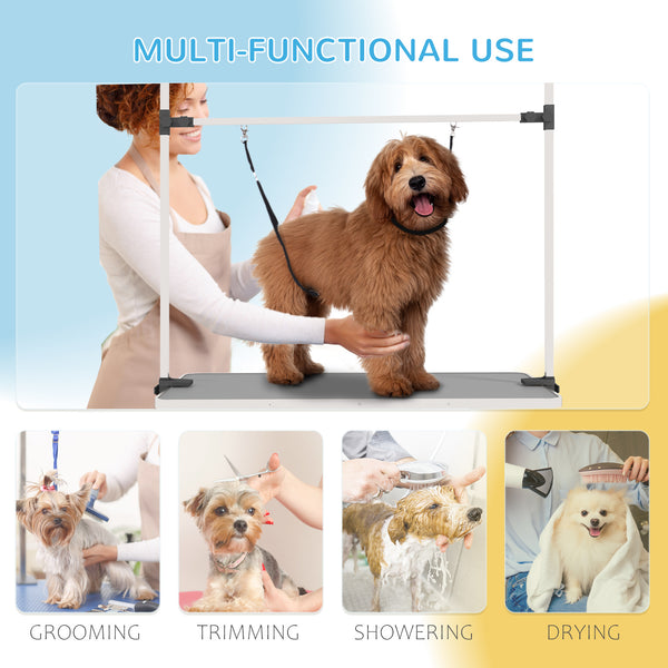Adjustable Pet Grooming Table with 2 Safety Straps and Storage Basket, Gray