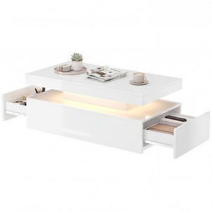 Table basse avec rangement à 2 niveaux et 2 tiroirs pour salon, blanc brillant