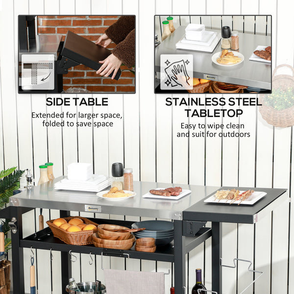 3-Shelf Outdoor Grill Cart Table with Foldable Side Table and Stainless Steel Table Top, Pizza Oven Stand on Wheels