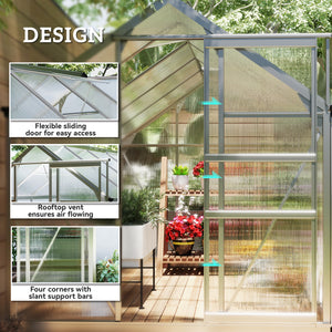 Polycarbonate greenhouse with gutter, vents and sliding door, silver color