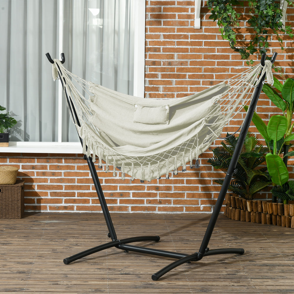 Patio Hammock Chair with Stand, Outdoor Hammock Swing Hanging Lounge Chair with Side Pocket and Headrest, Cream
