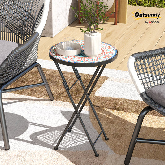 Table d'appoint d'extérieur Outsunny Mosaic, table basse ronde pliante de 35,6 cm avec cadre en acier pour balcon, terrasse, couleurs assorties