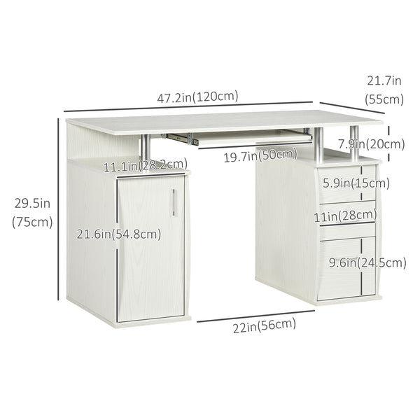 Computer desk with keyboard tray and storage drawers, white