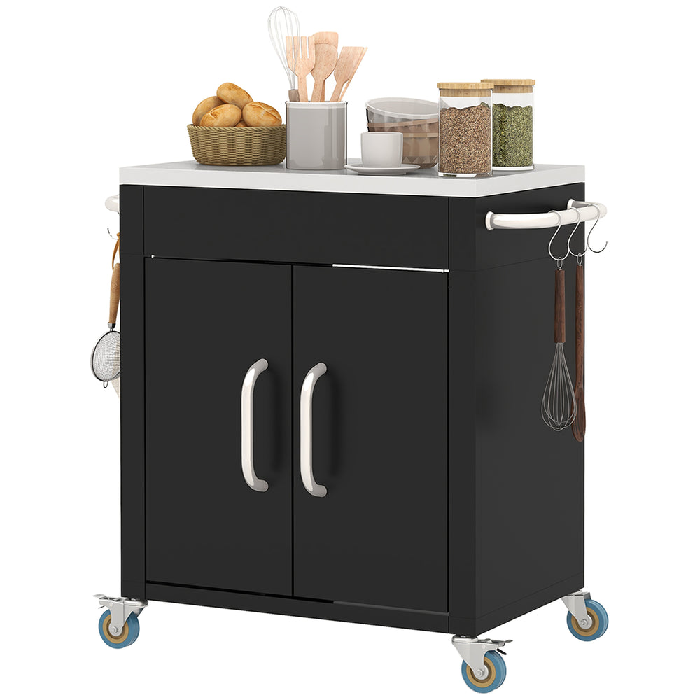 Outdoor Grill Cart with Stainless Steel Top, Pizza Oven Table with Wheels Hooks Cabinet Handles,  Black