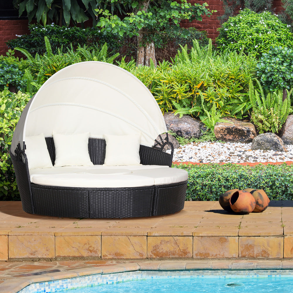 4 Pieces Outdoor Daybed with Retractable Canopy, PE Rattan Wicker Round Sofa Day Bed, Patio Sectional  Conversation Furniture Set with Cushions and Pillows, Cream White