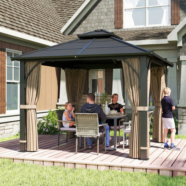 Gazebo rigide 10' x 10'  avec toit double en polycarbonate avec moustiquaire et rideaux, kaki