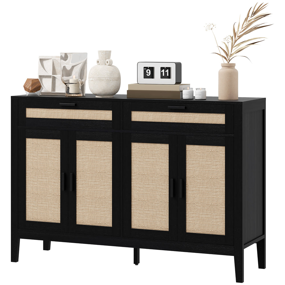 Buffet de style bohème, avec portes et tiroirs décoratifs en rotin, noir.