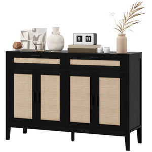 Buffet de style bohème, avec portes et tiroirs décoratifs en rotin, noir.
