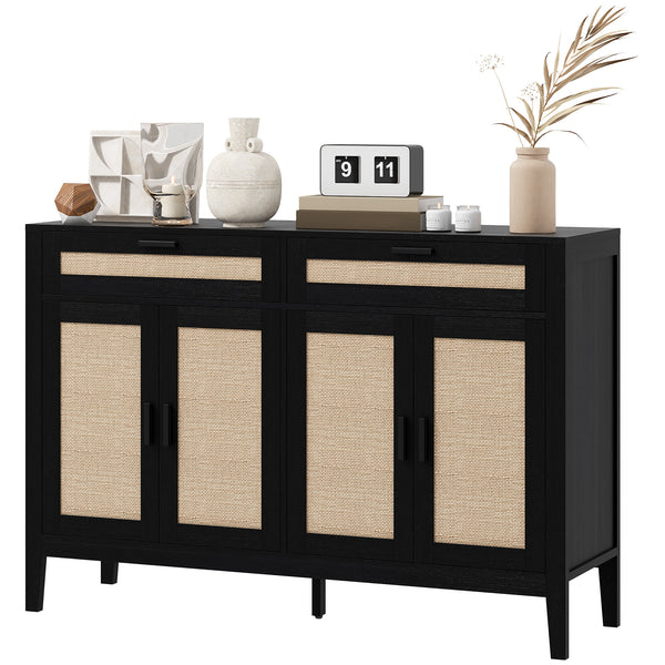 Buffet de style bohème, avec portes et tiroirs décoratifs en rotin, noir.