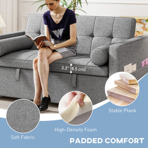 Futon two-seater trundle sofa bed in linen with USB ports, grey
